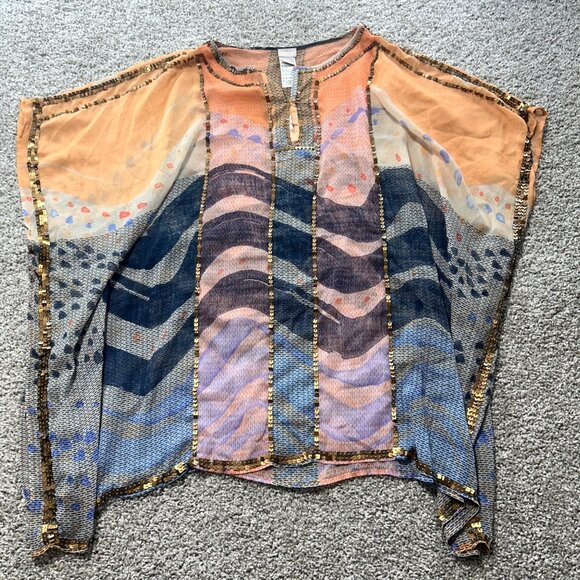 Chicos Womens L/XL Multicolor Sequin-Trim Sheer Poncho Tunic Top - Picture 3 of 7